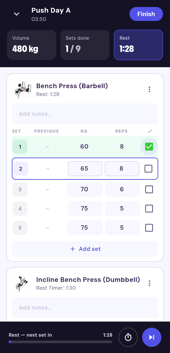 Same session — set 1 ticked green, rest timer running