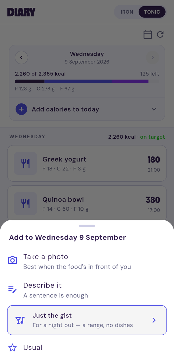 Meal capture — photo, describe or saved meal options