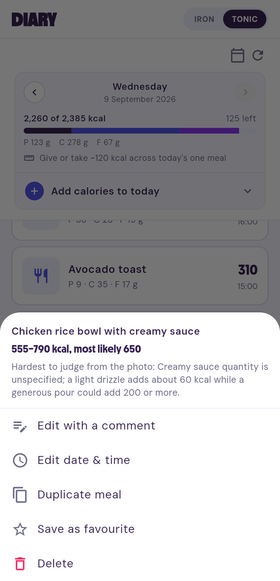 Estimate — kcal range with sauce unclear note