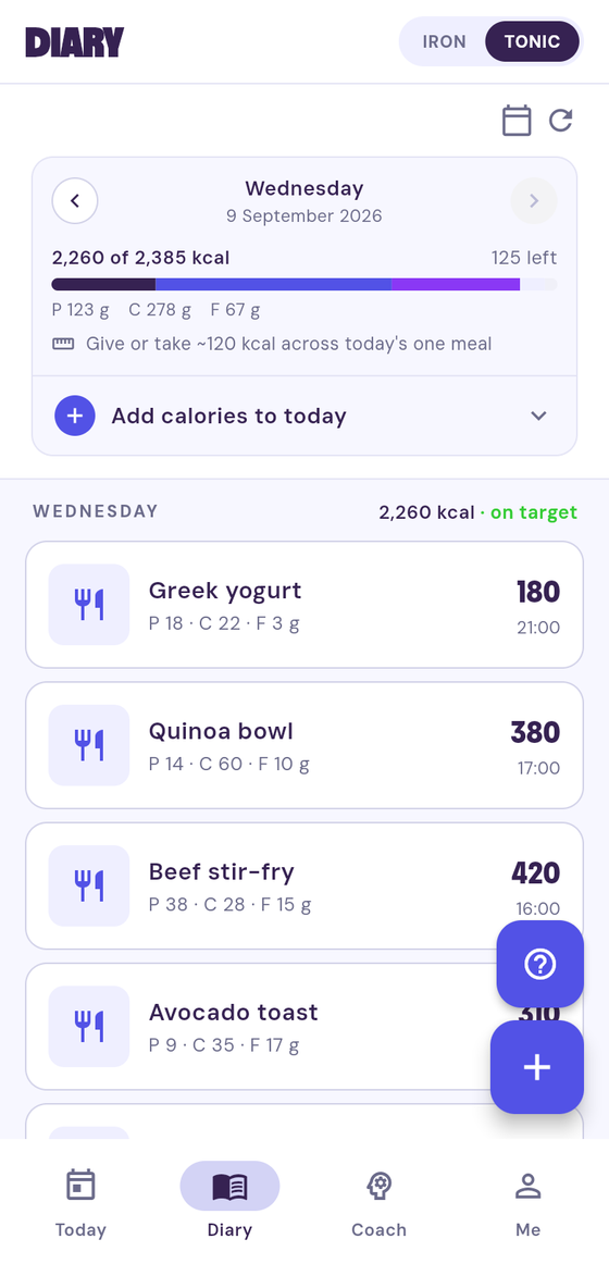 Diary — calorie ring, macro bars, day read